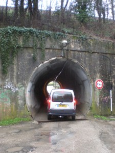 Us, driving through a tunnel. No a culvert. No, maybe a tunnel...